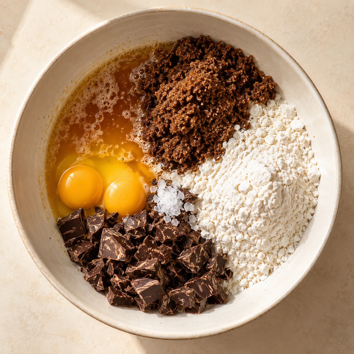 Brown butter, sugar, flour, yolks and chocolate in a mixing bowl