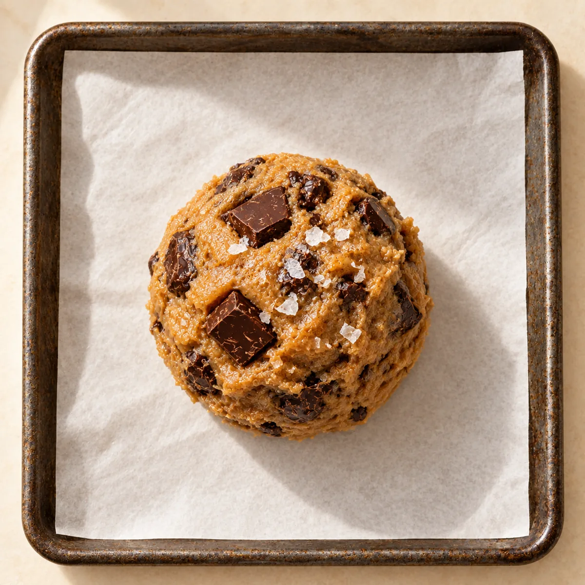 A scooped ball of cookie dough on a baking tray