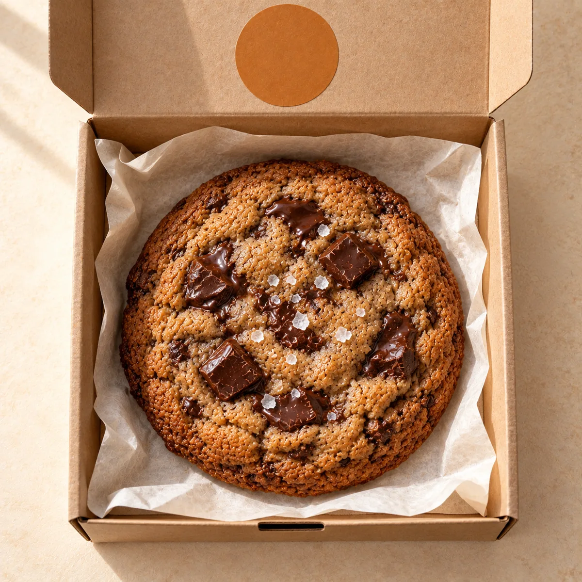 The cookie in an open kraft box